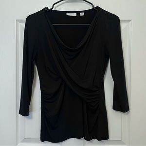 New York and Company “Stretch” 90s Black Cowl Neck Cross-Body Ruched Blouse